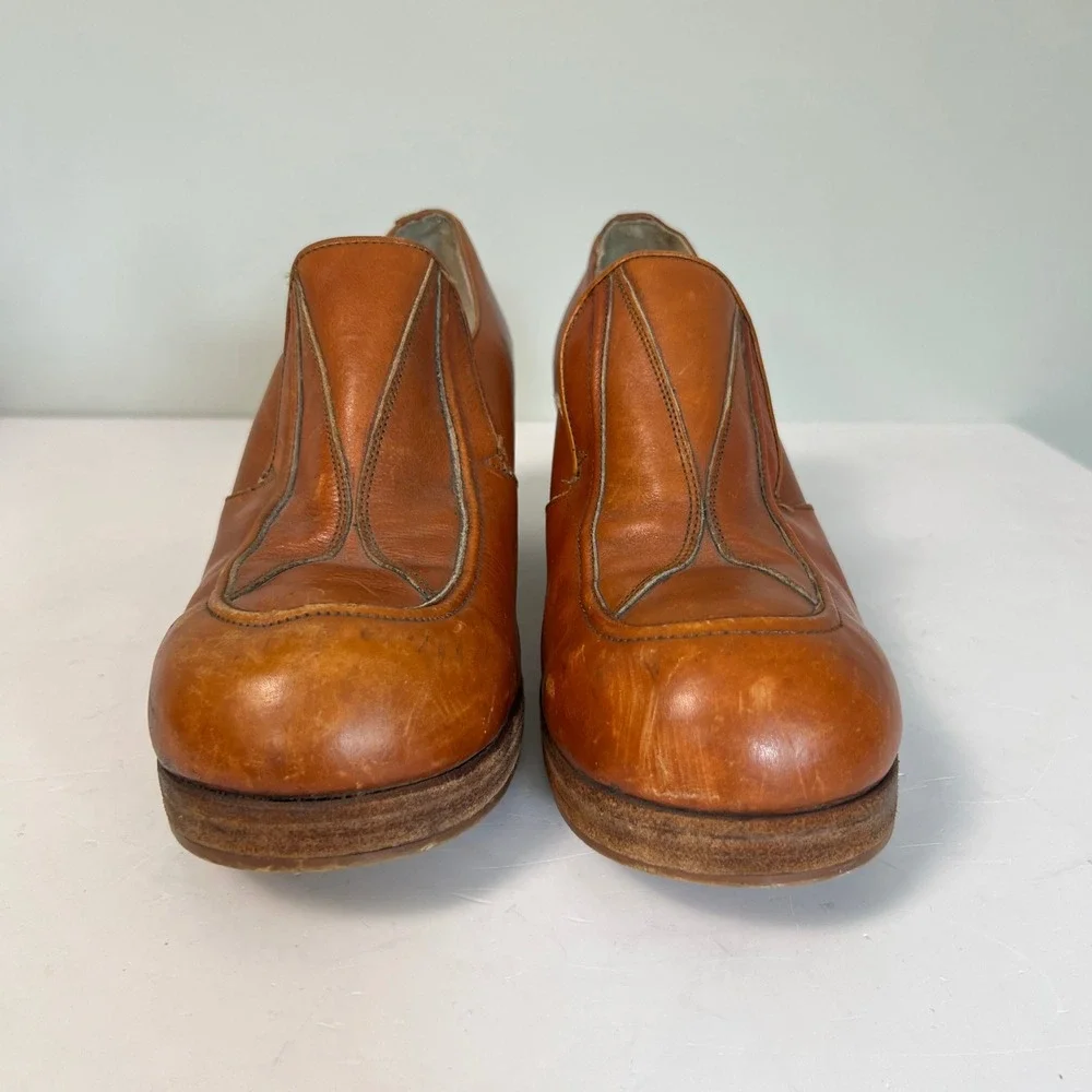 VTG 70s  Hippie Platform Loafers Size 9 Tan Leather Block Heel Argentina Verde